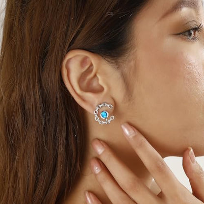 Elegant C-Shaped Crystal Stud Earrings with Birthstone Earring Silver Plated Fashion Jewelry for Women CE0003 - color: Blue-March