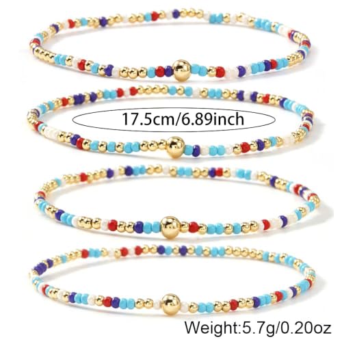 Seed Beaded Stack Bracelets Set for Women,Small Boho 4Pcs Colorful Handmade Dainty Trendy Gold Stretch Accessories Jewelry, Summer Daily Party Friendship Gift - color: Aqua Blue
