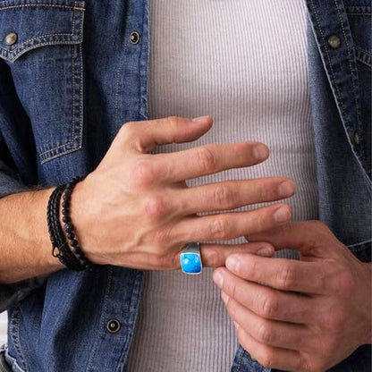 Square Cut Tiger Eye/Black Onyx/Turquoise/Lapis/Moss Agate Rings for Men 925 Sterling Silver 10K 14K 18K Gold Signet Rings for Men - style: Turquoise