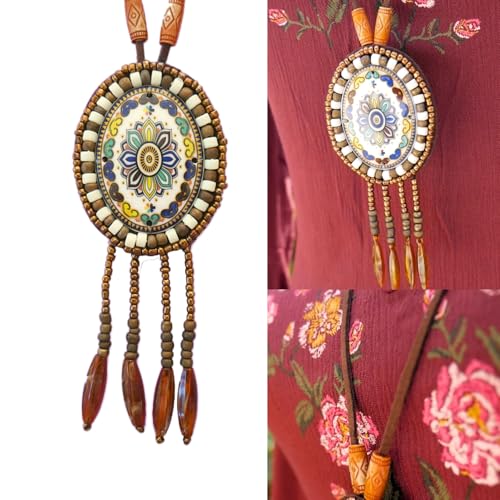 Bohemian Beaded Necklace for Women Long Boho Pendant Wood Mala Beads Wooden Strand Tassel Stone Bohemian Necklaces for Women Jewelry - style: Ethnic Brown Set
