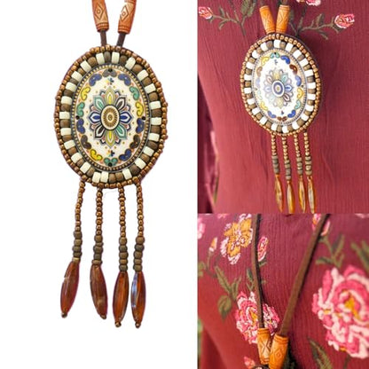 Bohemian Beaded Necklace for Women Long Boho Pendant Wood Mala Beads Wooden Strand Tassel Stone Bohemian Necklaces for Women Jewelry - style: Ethnic Brown Set