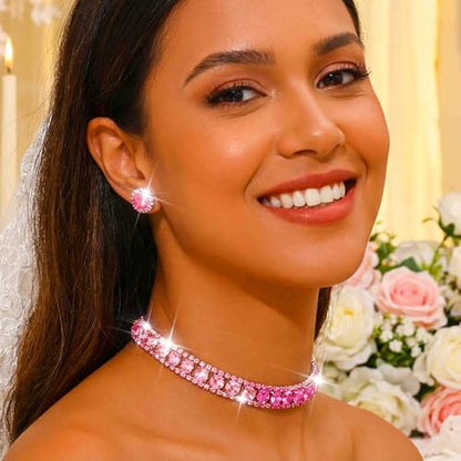 CLOACE Rhinestone Bridal Wedding Jewelry Set Sparkly Chocker Necklaces Earrings Prom Jewelry Accessories for Women - color: Purple