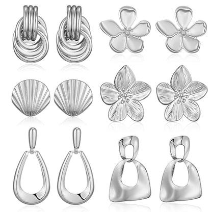 Chunky Gold Earrings For Women Trendy Statement Gold Plated Flower Shell Knot Dangle Earrings Lightweight Hypoallergenic Fashion Jewelry Set - color: Silver