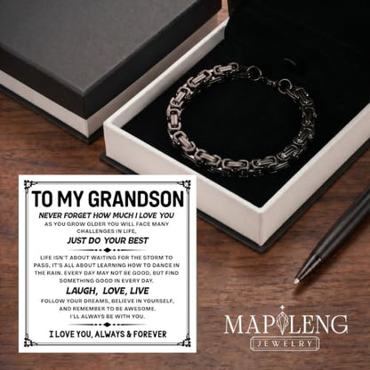 Grandson Gifts from Grandma Grandpa, Black Stainless Steel Bracelet with Meaningful Message Card, Birthday Gift for Grandson, Graduation Christmas Gift, Inspirational Keepsake Jewelry for Men - color: Grandson #4