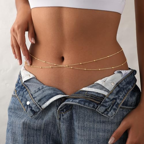 Waist Chain for Women 14K Gold/Silver Plated Body Chain Beads Link Belly Chains Belly Belt Waist Beads Chains Adjustable Sexy Bikini Body Jewelry Daily Belts Gifts for Women - style: Layered Beads-GD