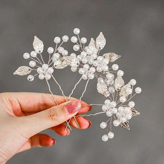 Heread Pearl Bride Wedding Hair Pins Leaf Bridal Head Piece Flower Hair Accessories for Women and Girls (Pack of 3) (Silver) | Gold and Silver and Rose Gold Flower Hair Pin Prom Leaf Clips Accessory for Brides - color: Silver