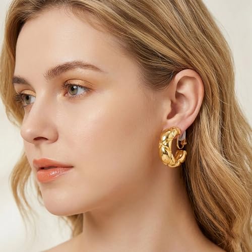 WOWORAMA Chunky Gold Hoop Clip On Earrings for Women | Large Chunky Hoops Clips Earrings, Polished Gold-Plated Clip-On Hoops, Statement Non Pierced Jewelry - color: 25mm Wide Hoops