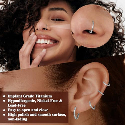 4Pcs Titanium Nose Rings Hoops for Women Men, 18G Gold/Silver Nose Hoops | Hinged Clicker Septum Rings Tragus Conch Helix Daith Lip Body Piercing Jewelry - color: Silver