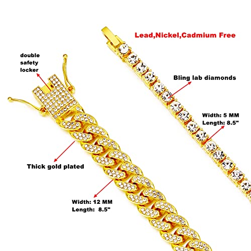 HH BLING EMPIRE 14K Gold and Silver Bracelets Diamond Tennis and Cuban Link Bracelet for Men Women Hip Hop Jewelry - color: Set A-Gold, size: 8.5"