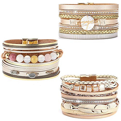 Wowanoo 3Pack Leather Cuff Bracelet Set Multilayer Wrap Bracelet Crystal Feather Tree Bracelet Magnetic Clasp Bracelet for Women - color: Beaded