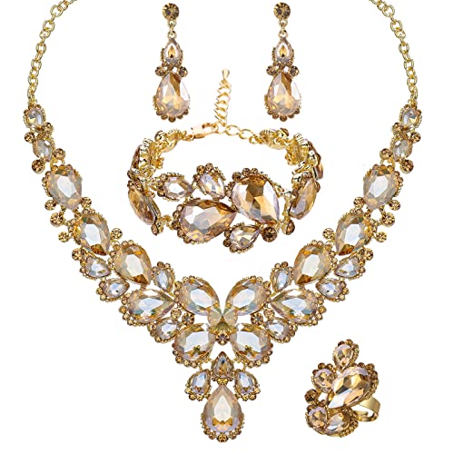 Women's Wedding Bridal Austrian Crystal Glass Teardrop Statement Necklace Dangle Earrings Bracelet Ring Wedding Party Jewelry Set for Bridal Bridesmaid - color: Champagne-Gold Plated
