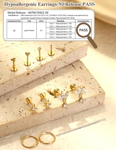 LOLIAS 18K Gold Plated Threadless Flat Back Earrings Studs Hypoallergenic | 316L Surgical Steel Push in Nose Rings Studs 20G CZ Tragus Cartilage Helix Conch Lip Labret Medusa Nostril Piercing Jewelry - color: 18K Gold Plated, size: 20G(0.8mm)-Star&CZ&Ball