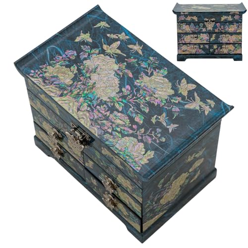February Mountain Mother of Pearl Wooden Jewelry Organizer Box – Jewelry Storage Box for Women, Features Spacious Drawers, Ideal for Rings, Bracelets, Watches, Chains, Accessories (Peony_Blue) - style: Peony_Blue