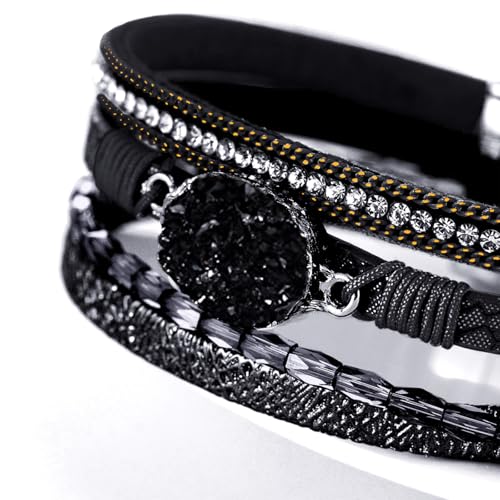 Fesciory Leather Wrap Bracelet for Women, Boho Western Layered Cuff Jewelry | Stackable Bracelets, Easy-On Clasp, Daily Wear, Pairs with Boho Western Outfits, Gift for Women - color: Black12