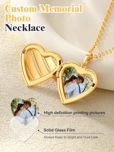 U7 Women Locket Necklace, Heart Photo Lockets Hold Picture, Gift Box Packed | Gold/Silver/Rose Locket Charm, Custom Picture and Engravement Heart Pendant, 20" Chain, Personalized Gift for Mom Wife Friend - color: 05# Gold Stripe