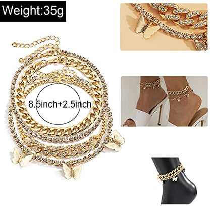 Layered Butterfly Anklet for Women Charms Butterfly Gold Plate Silver Plate Rhinestone Cuban Anklets Adjustable Anklet for Summer Beach - color: Gold plate
