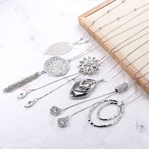 Jstyle 6Pcs Long Pendant Necklaces for Women, Statement Sweater Chain | Long Sweater Y Necklace Set, Fashion Statement Sweater Chain, Silver Flower Disk Circle Leaf Tassel Necklace, Daily Wear - style: Elegant Style