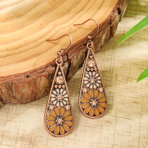 Bohemian Crystal Teardrop Dangle Earrings, Copper, Tribal Geometric Design, Handmade National Style for Women - color: Mustard Yellow