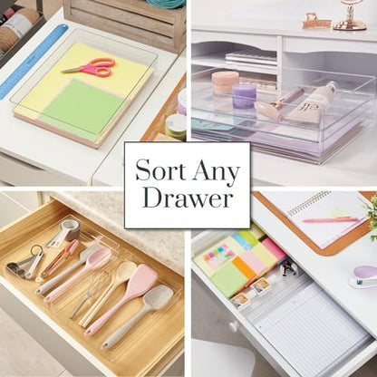 STORi SimpleSort 2-Piece Stackable Clear Drawer Organizer Set | 12" x 9" x 2" Rectangle Trays | Wide Makeup Vanity Storage Bins and Office Desk Drawer Dividers | Made in USA - size: 12x9x2"