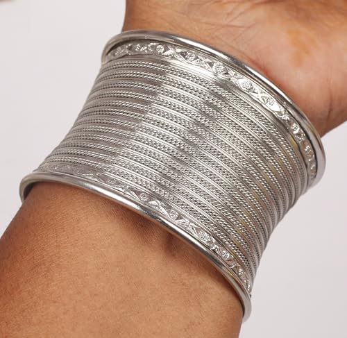 Touchstone Indian Bollywood Desire Brass Base Exotic Workmanship Free Size Cuff Bracelet in Antique Gold Or White Or Copper Tone for Women. - style: 1 D063 White