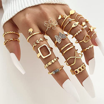 Golden Silvery Knuckle Rings Set for Women, Stackable Rings Bohemian Crystal Hollow Carved Flowers Joint Finger Rings Pack Fashion Jewelry Gifts for Birthday - color: 46 PCS