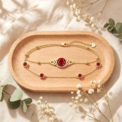 Midari 18K Gold Irish Infinity Celtic Knot Birthstone Layed Anklet Bracelet with 12 Months Birthstone Birthday Jewelry Gifts for Women Mom - color: 01-Garnet, size: Bracelet 7"-9"