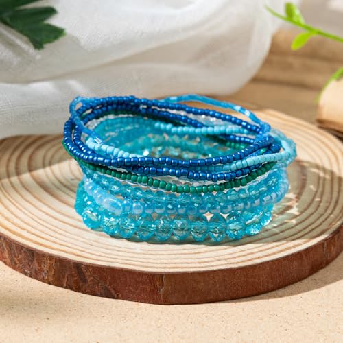 tenghong2021 Handmade Bohemian Multilayer Bracelets Boho Glass Beaded Colorful Strand Multilayered Stackable Seed Beads Bracelet for Women Friends Friendship Gifts Summer Beach Hawaii Jewelry - color: Light Blue