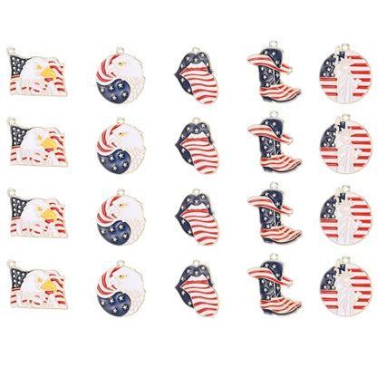 20 Pieces Patriotic USA Enamel Charms Set American Flag Eagle Statue of Liberty Cowboy Boot Designs for Jewelry Making