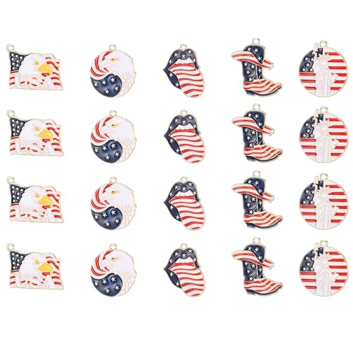 20 Pieces Patriotic USA Enamel Charms Set American Flag Eagle Statue of Liberty Cowboy Boot Designs for Jewelry Making