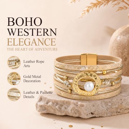 Edoneery Leather Wrap Bracelets for Women, Boho Layered Cuff Bangle | Multi-layer leather cuff, daily wear, stackable bangle, easy on-off, western jewelry gifts for women - color: Gold-4