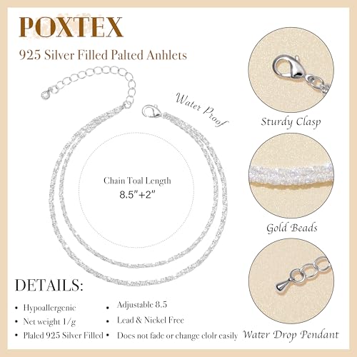 Gold/Sterling Silver Anklet Bracelets for Women Waterproof, Non Tarnish 925 Sterling Sliver Plated Heart Evileye Butterfly Charm, Dainty Summer Beach Anklets for Women, Beach Vacation Bikini Outfits for Her Mom - style: Sparking-Silver