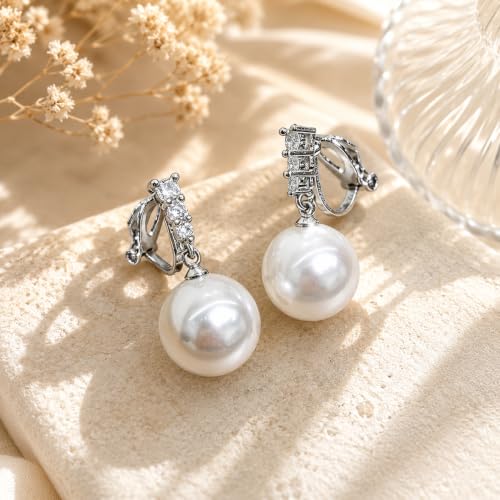Pearl Clip on Earrings for Women - 14K Gold Silver Plated Cubic Zirconia Non Pierced Ear Clips Jewelry Gifts for Wedding Bridal Party Gifts - color: Silver -1 line CZ