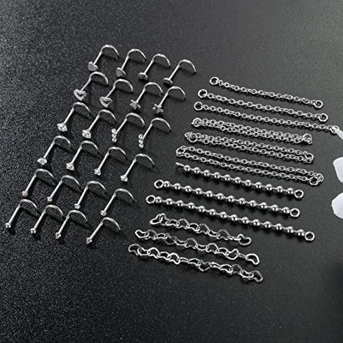 20G Stainlesss Steel Nose Rings Stud Nose Chain Piercing Across Double Nose Stud Womens Nostril Piercing Jewelry - color: Screw Shaped Silver