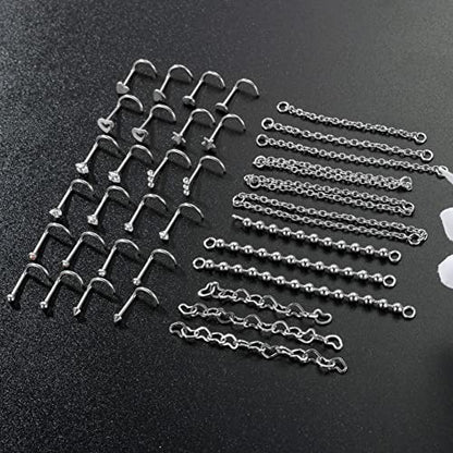 20G Stainlesss Steel Nose Rings Stud Nose Chain Piercing Across Double Nose Stud Womens Nostril Piercing Jewelry - color: Screw Shaped Silver