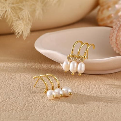 Robaice Pearl Earrings for Women, 14K Gold Plated Dangle Drop Earrings | Small Pearl Drop Huggie Hoop Earrings, Hypoallergenic Dainty Gold Earrings, Wedding Jewelry Gifts for Women Trendy - style: triple huggie pearl earrings