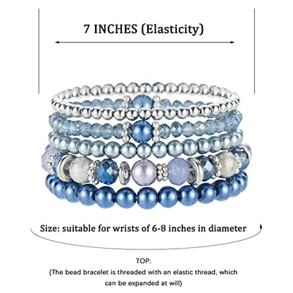Noessla Beaded Pearl Stretch Bracelet Silver Stackable Crystal Beads Bracelets Trendy Costume Jewelry Mothers Day Gifts for Women - color: Blue
