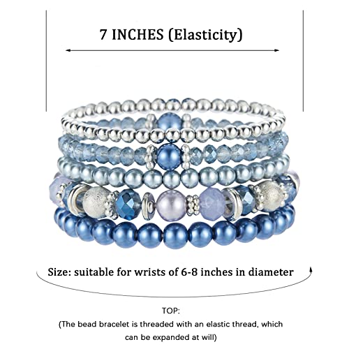 Noessla Beaded Pearl Stretch Bracelet Silver Stackable Crystal Beads Bracelets Trendy Costume Jewelry Mothers Day Gifts for Women - color: Blue