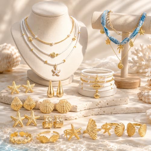 Boho Beach Jewelry Sets for Women | Summer Seashell Starfish Accessories, Necklace, Earrings, Rings Anklet - style: 26pcs Ocean Beach Set