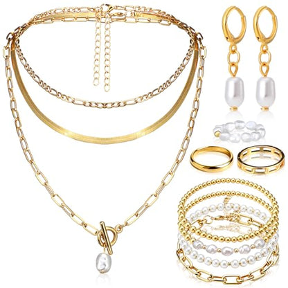 Ecally Bohemian Western Jewelry Turquoise Set Women Country Pendant Long Choker Layered Bracelets Earrings Ring for Women - color: Gold, style: Pearl