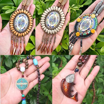 Bohemian Beaded Necklace for Women Long Boho Pendant Wood Mala Beads Wooden Strand Tassel Stone Bohemian Necklaces for Women Jewelry - style: Hippie Ethnic Set