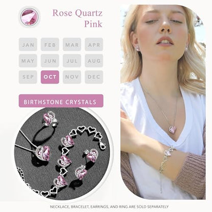 Infinity Love Heart Stud Earrings for Women, Birthstone and Healing Stone, Gifts for Mom, Wife, and Her, Silver Plated - color: 10b-October-Healing Stone for Love-Rose Quartz Pink
