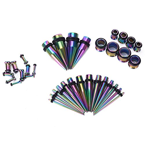 36pcs Ear Stretching Kit 14G-00G Surgical Steel Tapers Tunnels Gauges Set for Starter Women and Men Expanders Body Piercing Jewelry - color: Rainbow