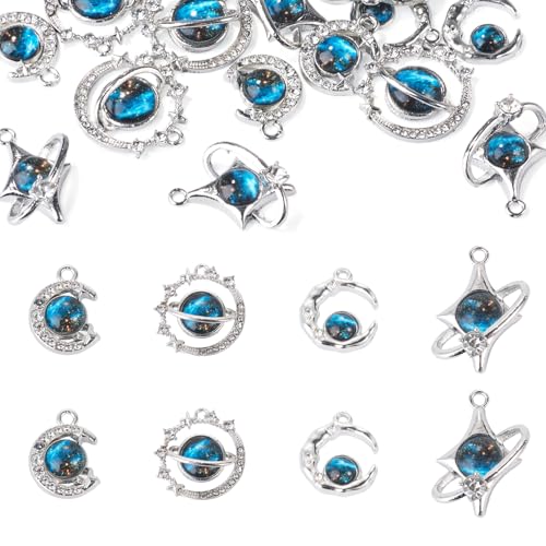 Blue Alloy Rhinestone Charms Cute Moon Star Planet Glass Charm | 16pcs 4 Styles Celestial Rhinestone Pendants Romantic Alloy Metal Charm with Glass for DIY Necklace Bracelet Jewelry Making - color: Dodger Blue