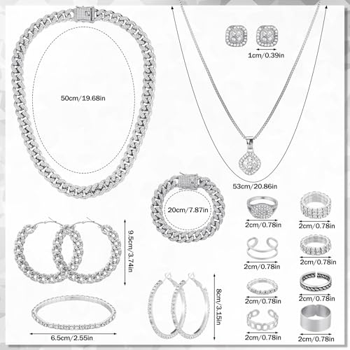 Inbagi Maitys 15 Pcs Halloween Jewelry Women Chain Necklace Bracelet Stud Earrings Hoops Bracelet Big Circle Earring Rings Set - style: Cuban
