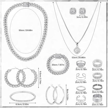 Inbagi Maitys 15 Pcs Halloween Jewelry Women Chain Necklace Bracelet Stud Earrings Hoops Bracelet Big Circle Earring Rings Set - style: Cuban