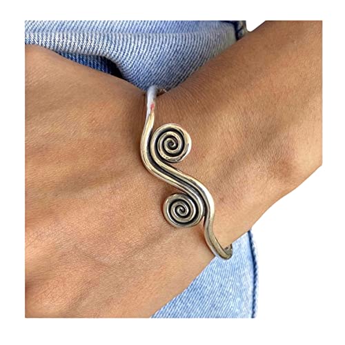 Sterling Silver Boho Cuff Bracelet with Spirals and Symbolic Engravings, Adjustable Handmade Engraved Ethnic Tribal Rounded, for Women (M-L) or Men (S-M)