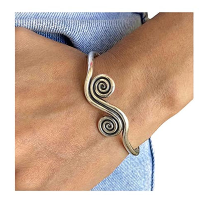 Sterling Silver Boho Cuff Bracelet with Spirals and Symbolic Engravings, Adjustable Handmade Engraved Ethnic Tribal Rounded, for Women (M-L) or Men (S-M)