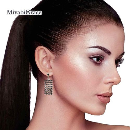 Dangle Silver Invisible Clip On Earrings for Women Not Pierced Gold Crystal Rhinestone Comfortable Hoop Fringe Long Chain Clip On Earrings - color: Rectangular Gold