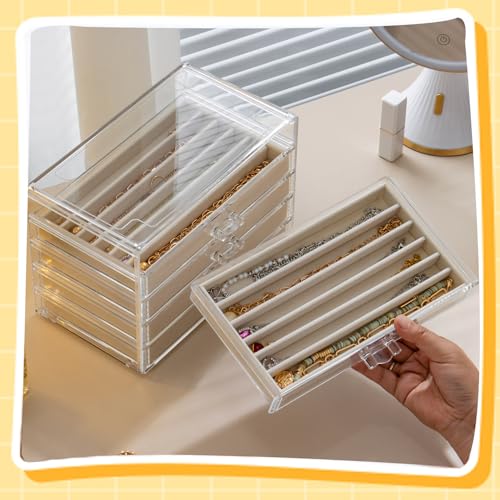 SPAKOWN Necklace Organizer Box with 5 Drawers 30 Compartments | Dustproof Velvet Necklace Tray Acrylic Necklaces Display Case Pendant Chains Storage Tray Gift for Women and Girls (Beige) - color: Beige