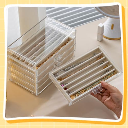SPAKOWN Necklace Organizer Box with 5 Drawers 30 Compartments | Dustproof Velvet Necklace Tray Acrylic Necklaces Display Case Pendant Chains Storage Tray Gift for Women and Girls (Beige) - color: Beige